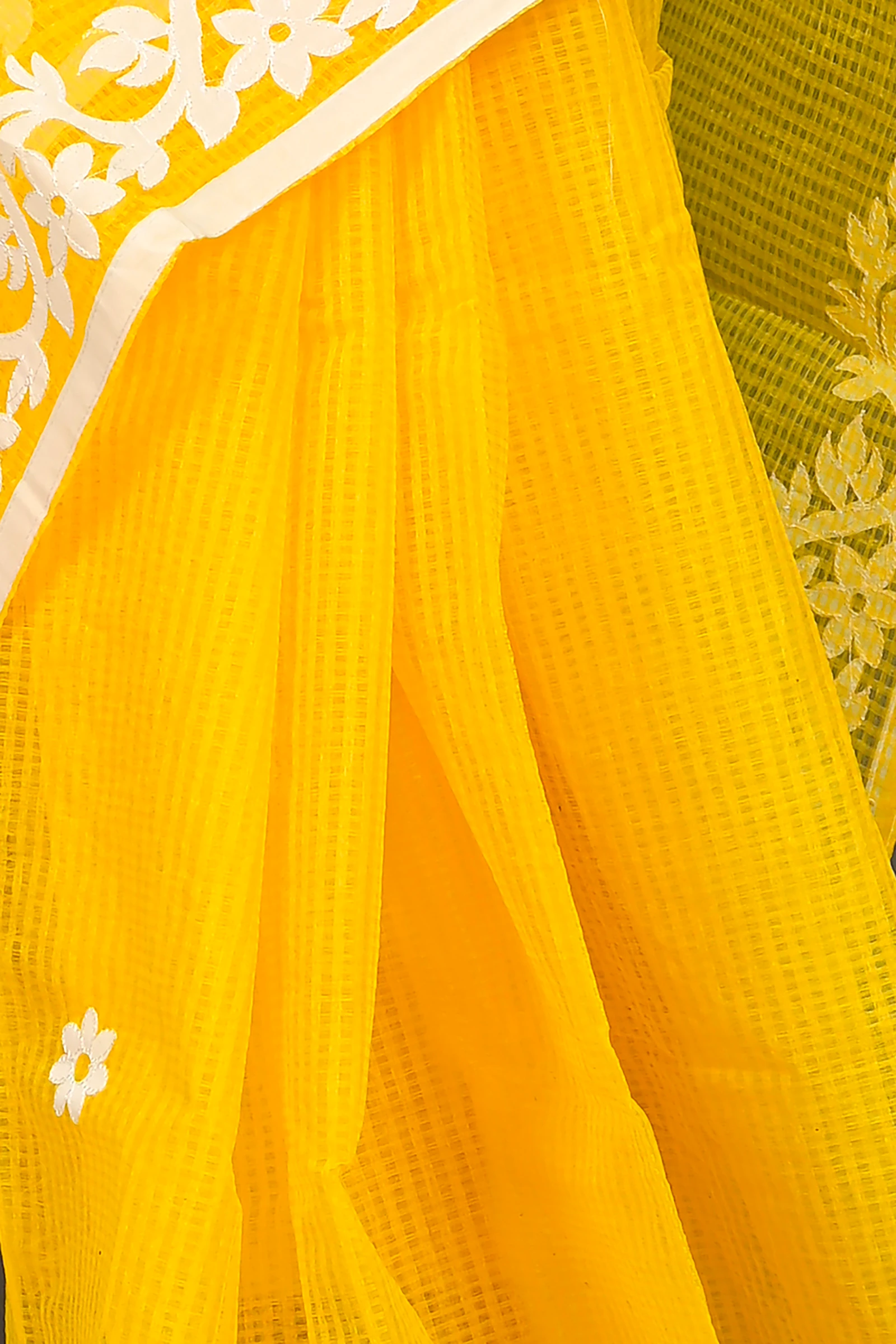 Yellow Kota Cotton Parvani Applique Saree (573)